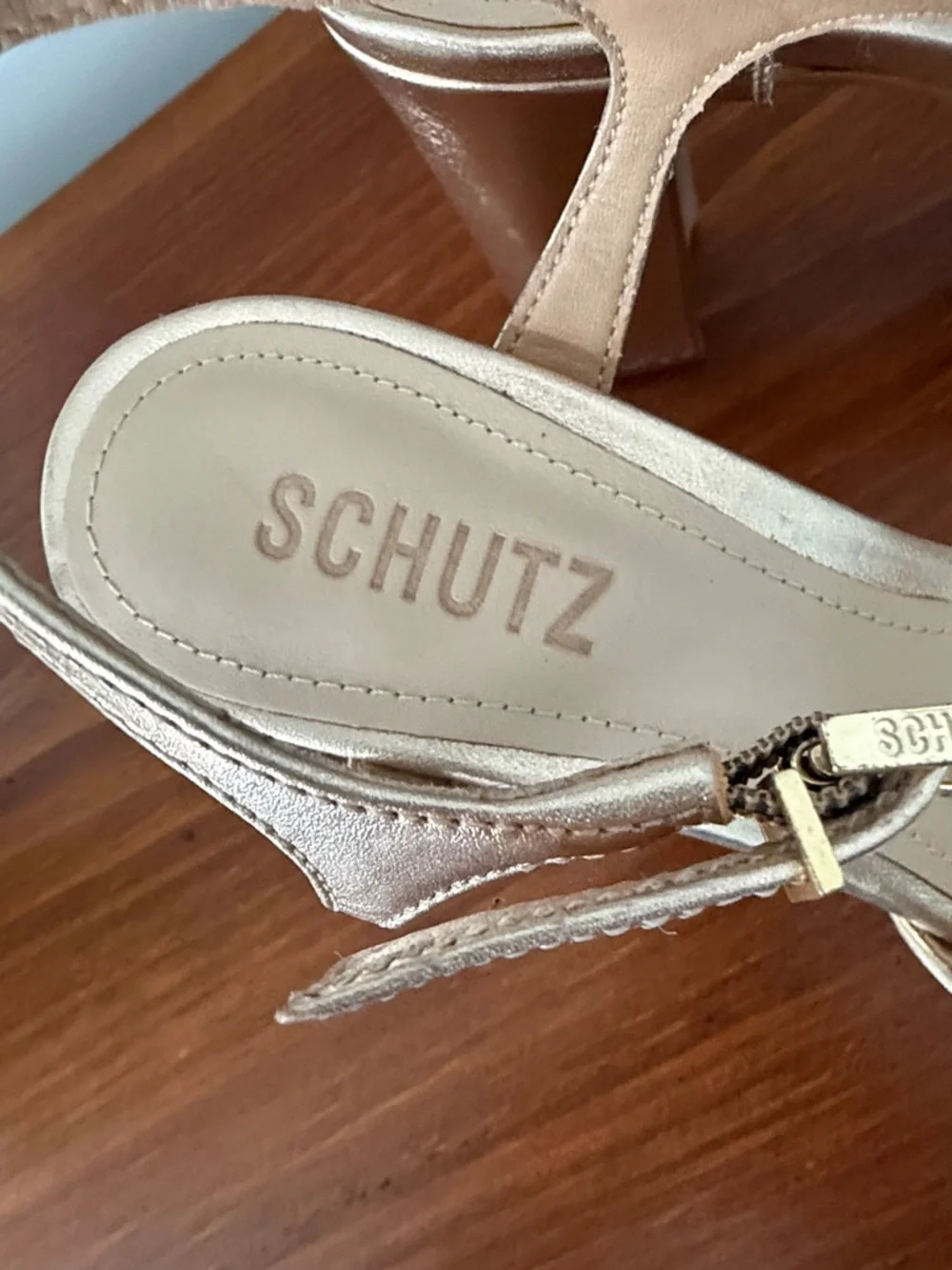 Shultz Keefa Metallic Gold Platform Sandals with Ankle Strap - Picture 2 of 8